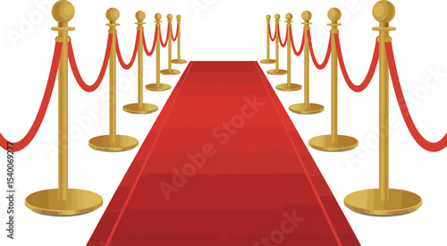 A red carpet runner with gold stanchions and red ropes on a white background in a vector illustration