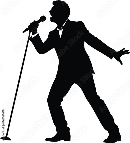 Silhouette of a dynamic singer performing passionately with a microphone on stage