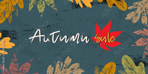 Autumn Background for Fall seasonal special discounts in stores.Sale promotion templates with Autumn leaves.Vector dry maple leaf with grainy texture on green background for Flyer,Banner,Social media