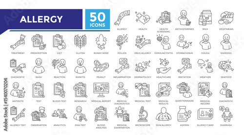 Allergy lineal icon set collection. This set includes dermatology, inflammation, diagnosis, medical results, treatment and more icons in lineal style. Vector icons collection for infographics