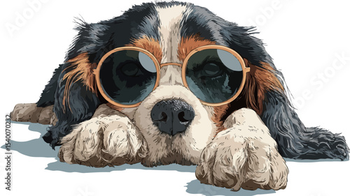 A digital illustration of a Cavalier King Charles Spaniel dog wearing round, blue-tinted sunglasses. The dog is lying down on a white background, its paws visible. 