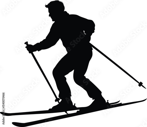 Silhouette of a skilled skier gliding down a snowy slope with poles