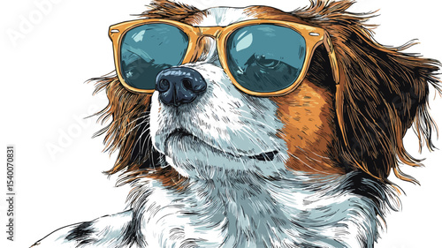 Close-up illustration of a dog's head and shoulders. The dog appears to be a spaniel mix with long, slightly shaggy fur in shades of brown, white, and orange.  It is wearing a pair of amber-framed