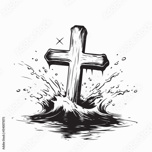 Wooden Cross In Baptism Water Splash image vector isolated on white background