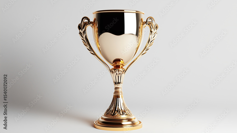 Shiny golden trophy with intricate designs, symbolizing achievement and success, stands elegantly against neutral background Shiny golden trophy with intricate designs, symbolizing achievement and success, stands elegantly against neutral background