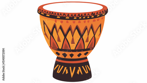 A digital illustration depicts a stylized African drum. The drum is predominantly orange and brown, with black accents.  The body of the drum features a repeating geometric pattern in shades of