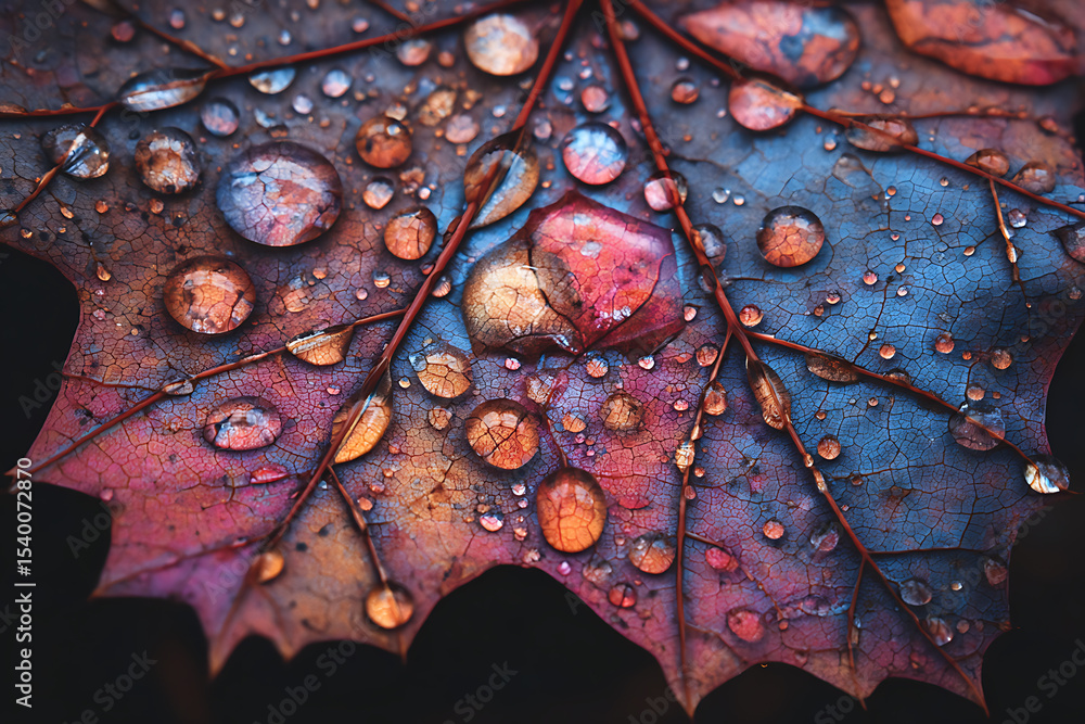 Fototapeta premium Autumn leaf dew drops macro photography colorful nature