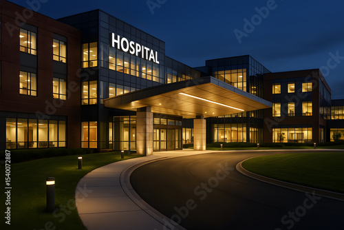 A modern hospital building illuminated at dusk with a welcoming entrance and landscaped grounds