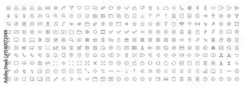 User Interface ui, ux web icons in line style. User, profile, message, mobile app, document file, social media, button, home, chat, arrow, collection. Vector illustration.