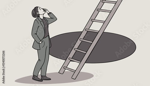 A character stands in contemplation beneath a ladder that extends upward to a dark opening, symbolizing exploration, adventure, and the allure of the unknown                     