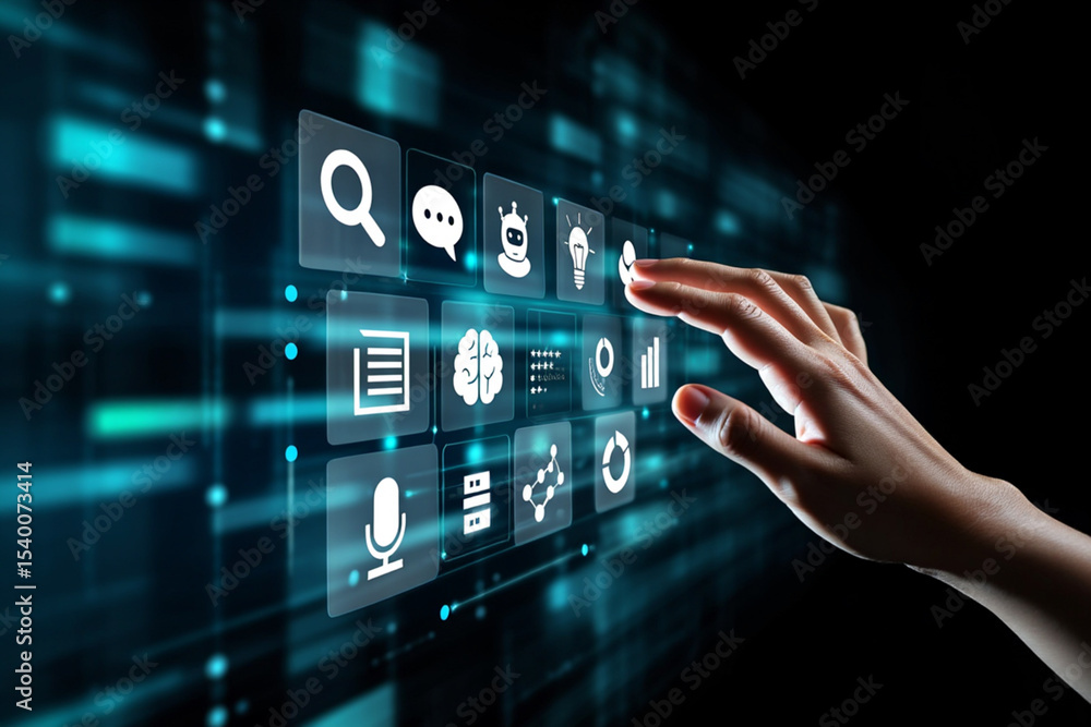 Hand Interacting with Futuristic Digital Interface Showing Data Analytics and AI Technology Hand Interacting with Futuristic Digital Interface Showing Data Analytics and AI Technology