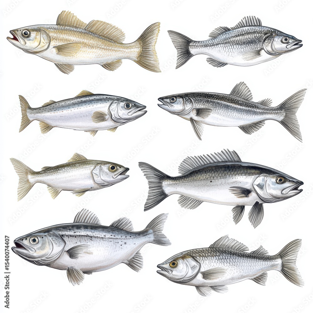 Detailed Illustrations of Eight Fish Species Against White Background Detailed Illustrations of Eight Fish Species Against White Background