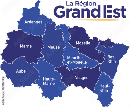 Carte région Grand Est, Ardennes, Aube, Marne, Haute-Marne, Meurthe-et-Moselle, Meuse, Moselle, Bas-Rhin, Haut-Rhin, Vosges
