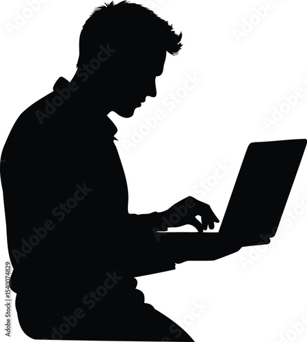 Silhouette of a man using a laptop, a portrait of digital activity
