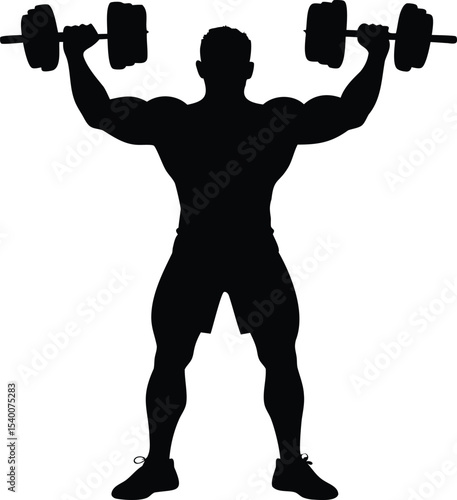Silhouette of a muscular man lifting dumbbells, fitness and strength training