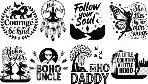 Boho Silhouette Typography T-Shirt Designs – Country Hood Aesthetic, Inspirational Quotes, Tribal and Nature Themes, Wanderlust Adventure Style, Feminine and Masculine Boho Graphic Tees, Retro Vintage
