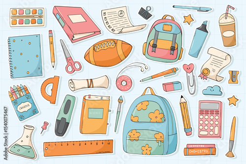 School stickers, education, back to school theme, cartoon elements, doodles set for social media, prints, cards, posters, invitations, etc. EPS 10