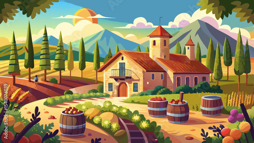 Rustic winery field and compound architecture outdoors vineyard.. Very beautiful