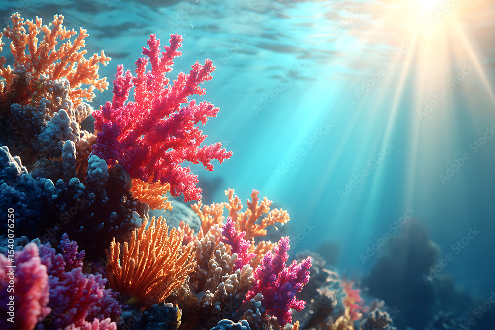 Naklejka premium Vibrant coral reef underwater scene sunbeams ocean life