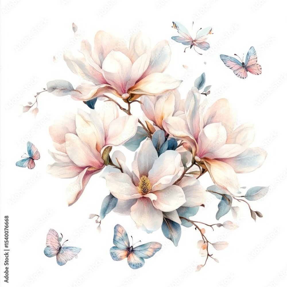 Fototapeta premium Delicate magnolia blossoms and butterflies