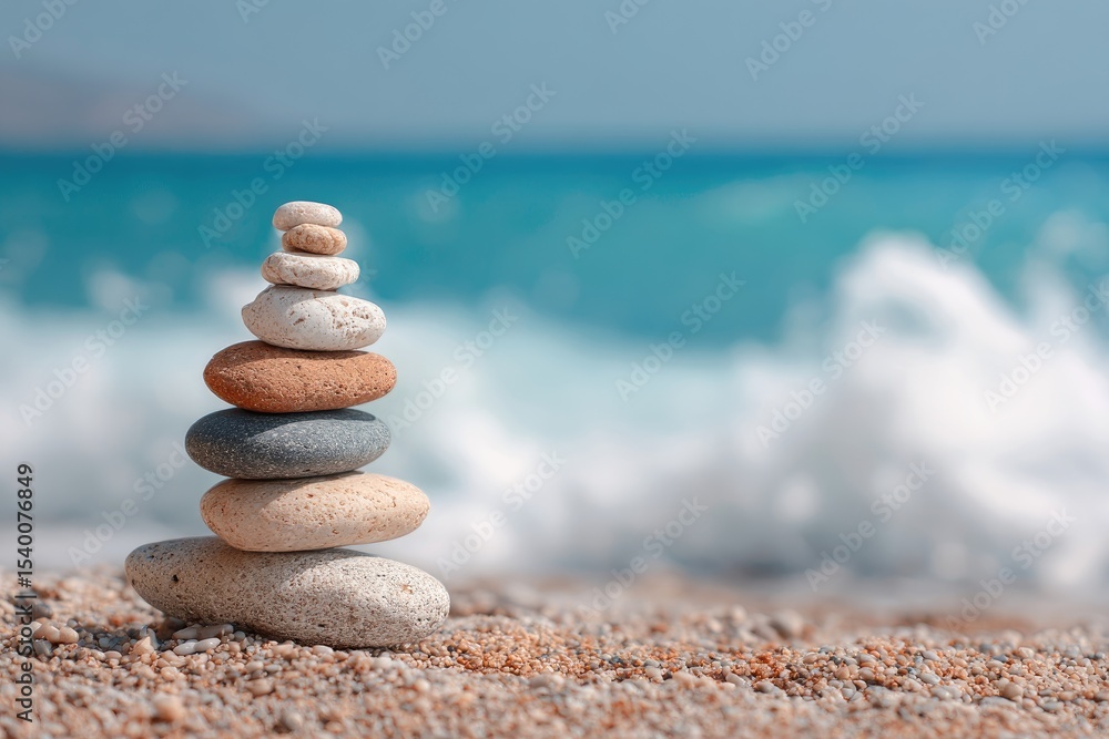 Fototapeta premium A balanced stack of smooth, colorful beach stones sits on pale sand, with a blurred turquoise ocean and waves in the background