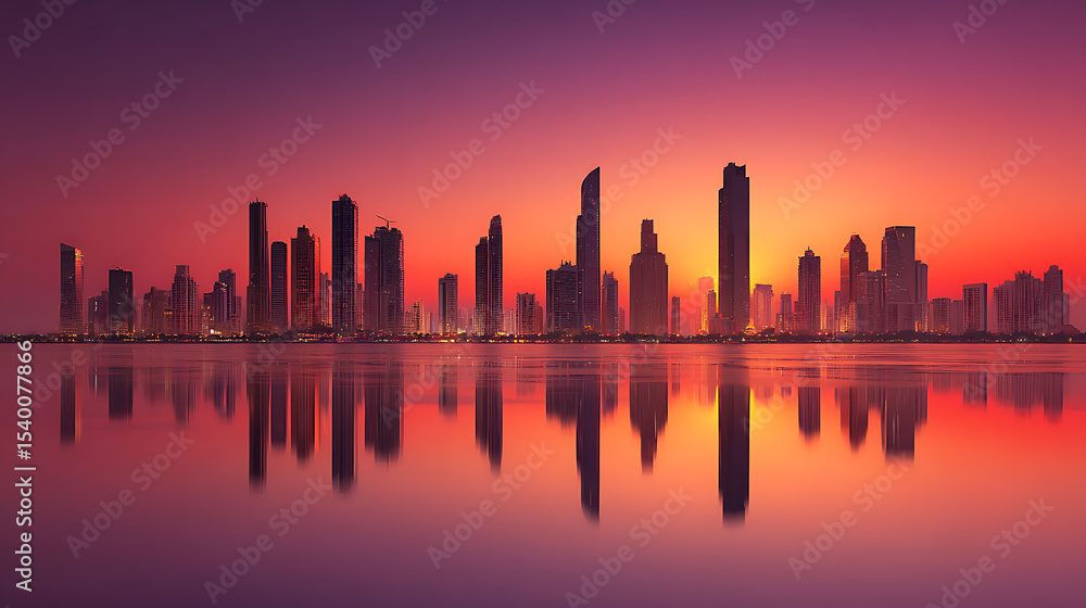Obraz premium Stunning abu dhabi skyline at sunset cityscape reflection