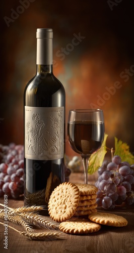 Still life with wine, grapes, and crackers