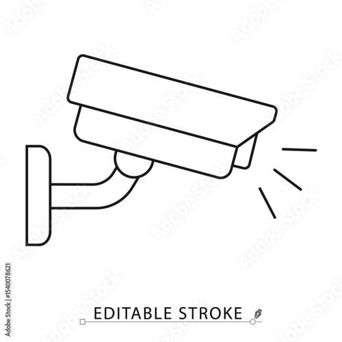 Surveillance camera icon in minimal line style with editable stroke. Symbol of security system, video monitoring, safety equipment, CCTV visuals, motion tracking, privacy control