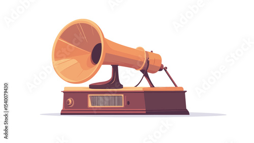 A digital illustration depicting a vintage gramophone. The gramophone is rendered in a cartoonish style with a yellowish-orange horn speaker and a dark brown wooden base.  T