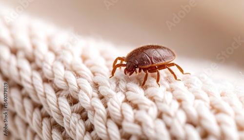 Close up of a bed bug crawling on a textured fabric surface in a home setting