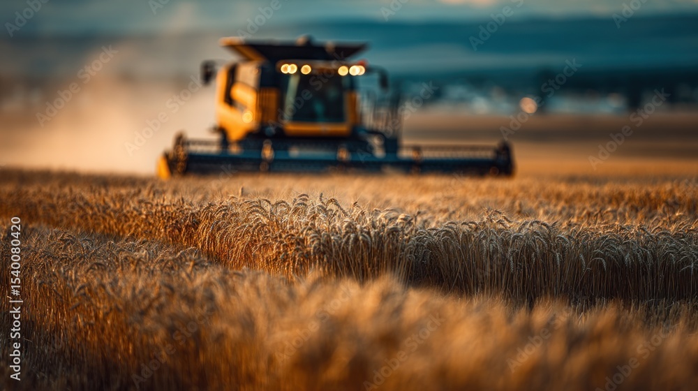 Fototapeta premium Golden Harvest: Combine Harvester at Dusk on a vast field of wheat