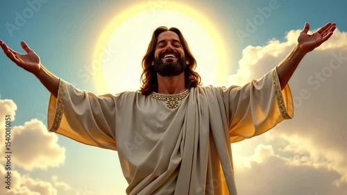 A smiling man, Jesus, with open arms and a sunny halo against a blue sky, walks towards the camera, embracing concept and welcoming shots.