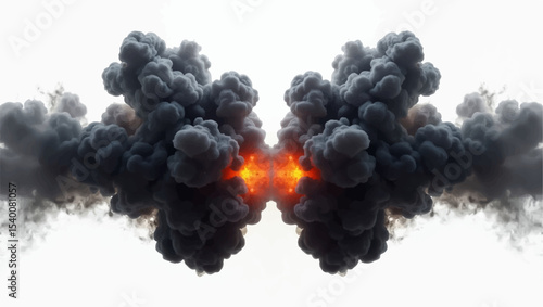 Create a symmetrical visual representation of a powerful explosion or intense combustion event. In the center, fiery orange and red hues should radiate outwards, quickly being enveloped by dense.