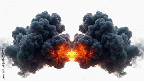 Create a symmetrical visual representation of a powerful explosion or intense combustion event. In the center, fiery orange and red hues should radiate outwards, quickly being enveloped by dense.