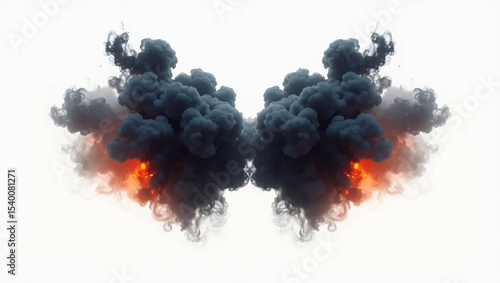 Create a symmetrical visual representation of a powerful explosion or intense combustion event. In the center, fiery orange and red hues should radiate outwards, quickly being enveloped by dense.