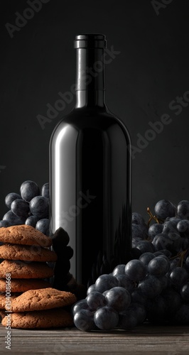 Dark wine bottle, grapes, and cookies on a wooden surface