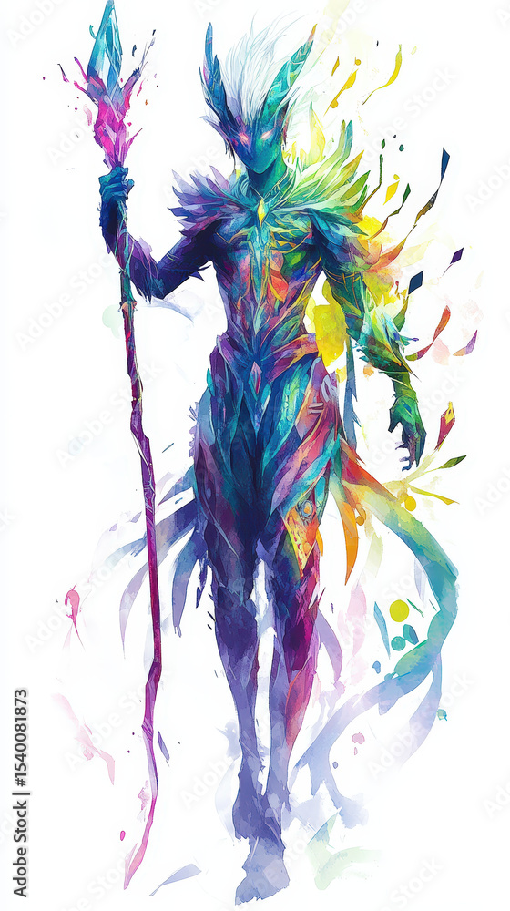 Obraz premium Ethereal Watercolor Figure with Staff. A vibrant, watercolor-style illustration of an ethereal figure with a staff, perfect for a unique t-shirt print design.