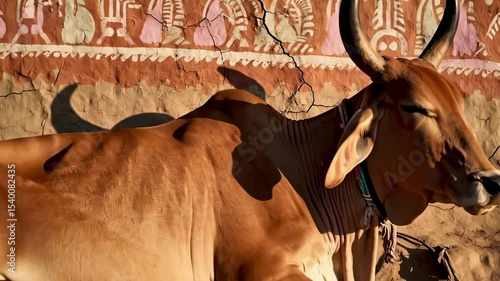 calm indian cow. A peaceful brown cow resting beside a traditional mud house adorned with colorful wall art during a sunny afternoon in a rural setting
