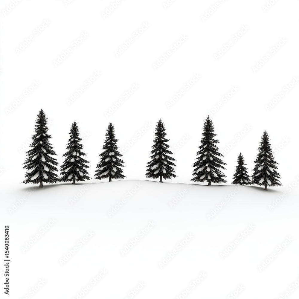 Obraz premium Seven Snow Dusted Evergreen Trees on White Background
