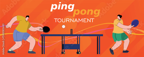 Ping pong turnir, gorizontal'nyy banner chempionat, dva cheloveka igrayut v natsol'nyy tennis. Vektornaya illyustratsiya flet,aktivnyy otdykh, raketochnyy sport Moy opyt v sozdanii detskikh risunkov i