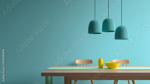 Wallpaper Mural Teal walled room with a wooden table, teal lamps, and yellow bowls. Perfect for interior design concepts and home decor inspiration. Torontodigital.ca