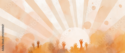 Ilustración panorámica de un evento religioso o de verano, perfecta como fondo de marketing publicitario; manos levantadas hacia la visión artística del sol y los rayos del sol; espacio de copia