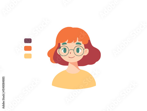Portrait of a Cheerful Woman: A charming illustration of a smiling woman with orange hair, stylish glasses, and a warm, inviting expression. The artwork conveys positivity and approachability.
