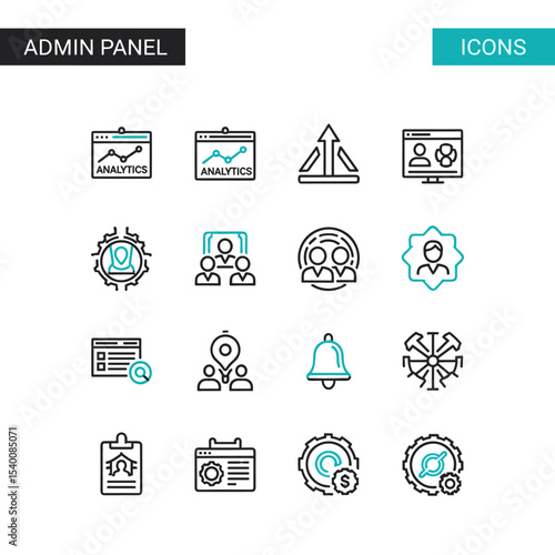 Admin Panel Icon Set: A comprehensive collection of modern, flat-line icons designed for admin panel interfaces, representing various functions such as analytics, user management, settings.