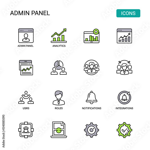 Admin Panel Icons: A comprehensive set of vector icons designed to represent various functionalities within an admin panel interface, showcasing clean lines and a modern aesthetic.