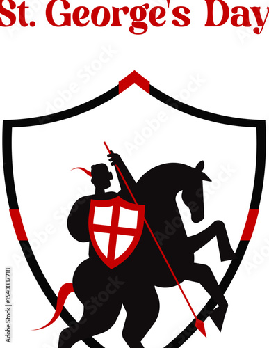 Happy St George Day Digital and Print Banner Design, the medieval knight and patron Saint of England celebrated on saint Georges day riding his white rearing horse with a spear, shield, post, Flyer