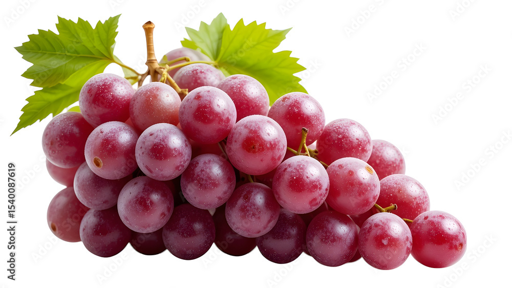 Fototapeta premium Fresh red grapes bunch with green leaves healthy fruit nutrition food photography isolated on white background on transparent background