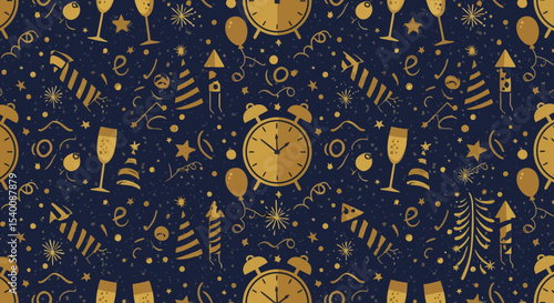Festive New Year's Eve Pattern with Golden Clocks, Champagne, and Fireworks on Dark Blue