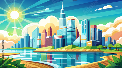 Bright and sunny view of downtown Chicago with the shimmering Michigan lake in the foreground. Very beautiful
