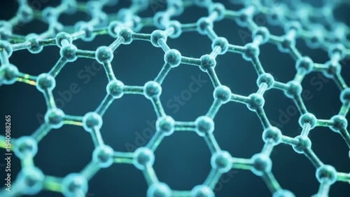 Close up view of a hexagonal molecular structure with blue spheres and connecting lines pattern